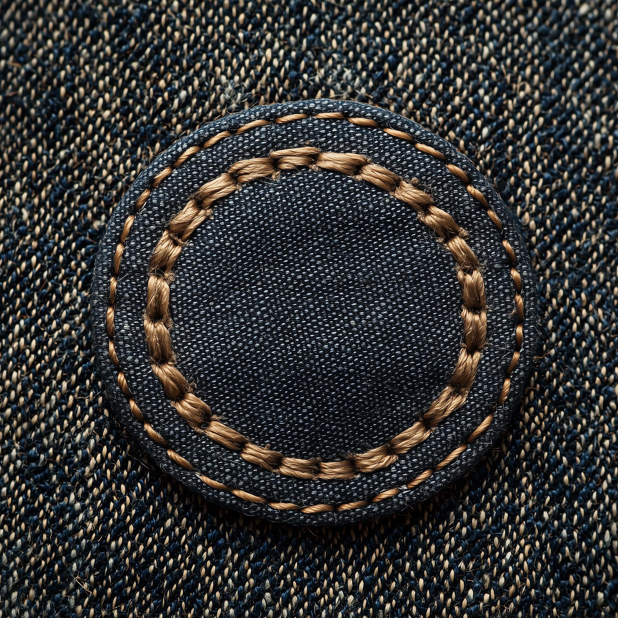 close-up of embroidered badge on denim with bold stitches